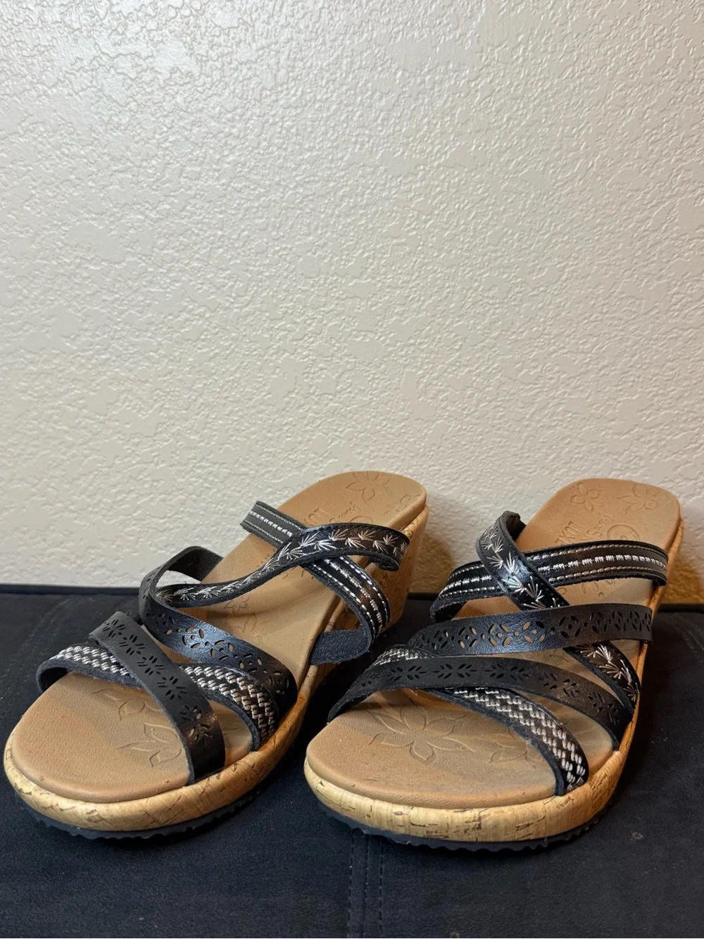 Black Strappy Wedge Sandals with Cork-Look Sole